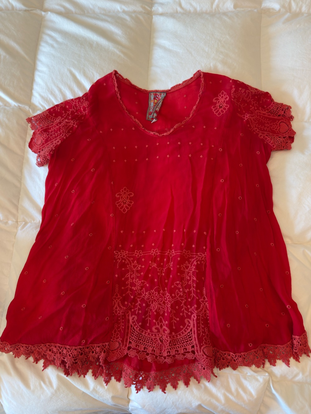 Johnny Was Embroidered Red Tunic Top